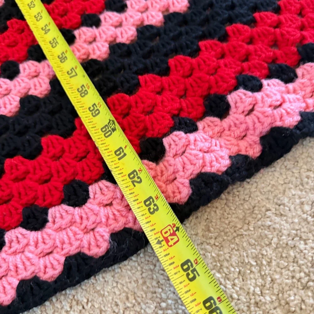 Handmade Crochet Granny Square Blanket Large Throw Red Black Pink 68x68